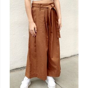 NAKED & FAMOUS High Rise Wide Leg Cropped Pants with Tie Waist in Camel - S